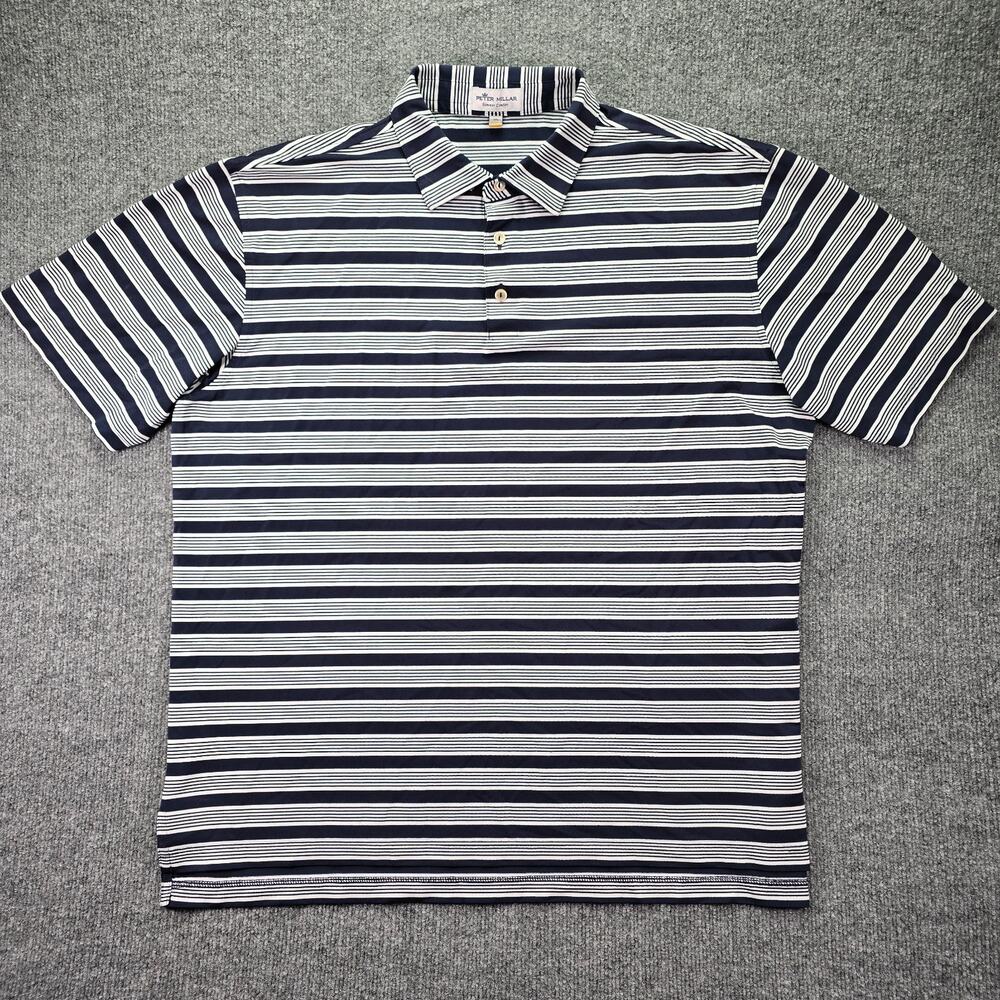 Peter Millar Summer Comfort Polo Shirt Mens XL Navy Blue White Striped Stretch